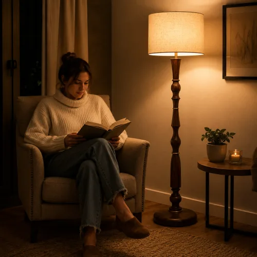Lámpara encendida en un rincón de living de noche, con una persona leyendo en el sillón